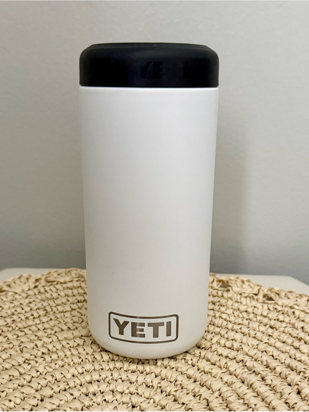 Yeti White Tumbler with Black Lid and Logo